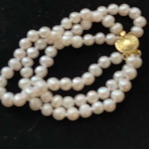 Akoya Japanese Freshwater Cultured 6-7 mm white pearls 3 strands w/ gold clasp